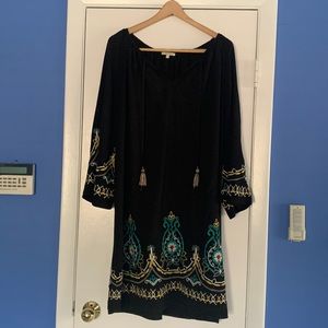 Black embroidered mid length A line dress with gathered neckline